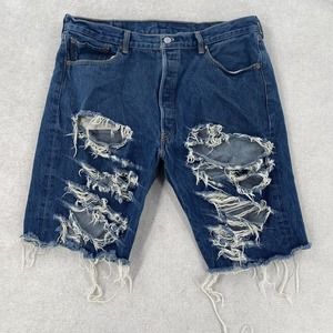 Vintage Levi's 501 Distressed Ripped Blue Cutoff Denim Shorts Button Fly Mens 40